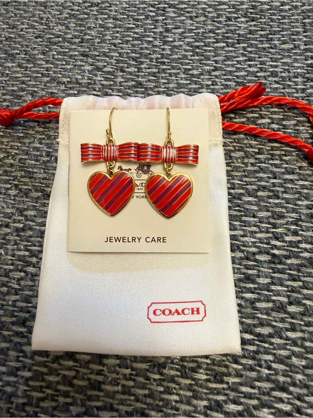 COACH Red Purple Striped Bow Heart Drop Earrings Holiday Gift
